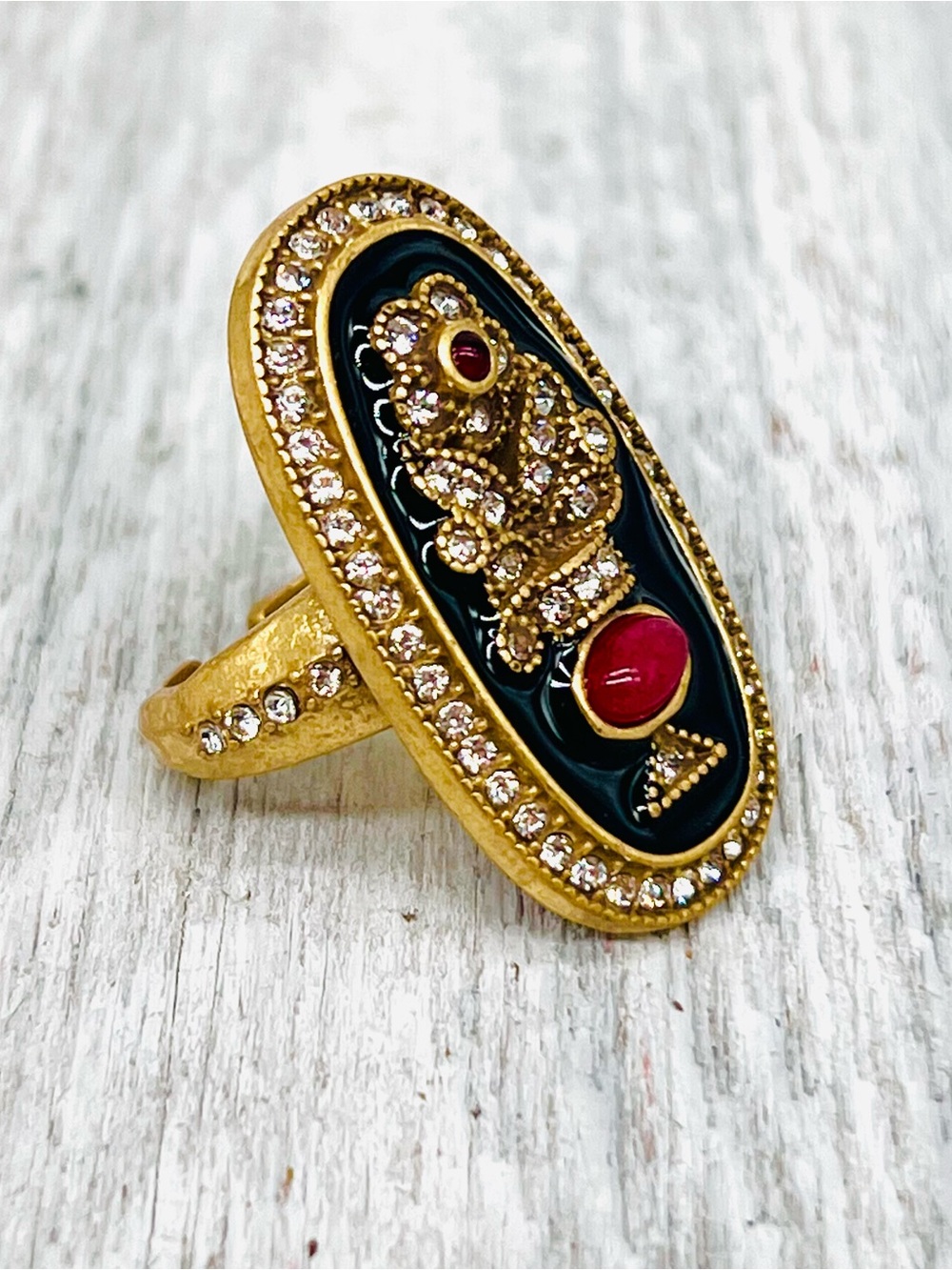 378. Gold-Tone Black Enamel Floral Motif Ring with Red Cabochons - Adj - Sz 8.25
